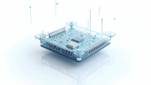 The Toolverse Futuristic AI-integrated sensor node with translucent shell, microchips visible inside, floating effect on white background (2) - Powered by Adobe
