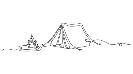 A minimalist continuous One line drawing of a camping tent and campfire. © AdhirChandra