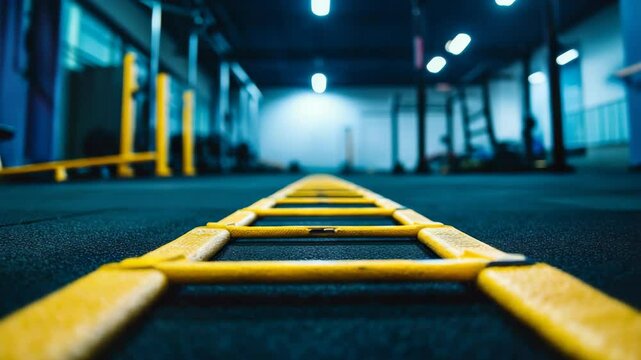 Perspective View of Yellow Agility Ladder on Dark Tile Floor in a Gym with Blue Walls and White Lights at the Back Optimised for Adobe Stock Photos