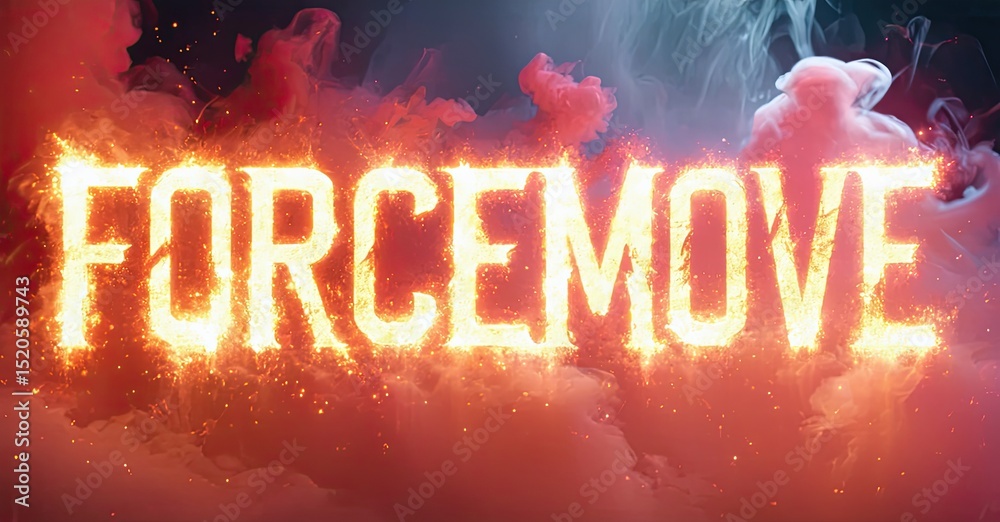 Poster fiery text reads forcemove against swirling smoke. dramatic lighting creates intense visual impact. 