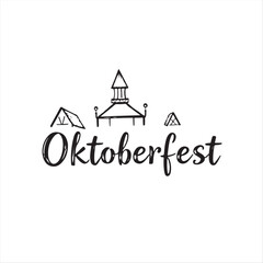 Hand-drawn black and white vector style silhouette of Oktoberfest on a white background. The sketch is timeless and elegant, with rough lines and textured pencil strokes for a classic feel.