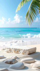 Stone podium for summer cosmetics product presentation on blurred tropical sea sand beach background