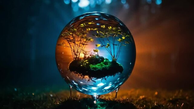 A crystal sphere levitates above the grass illuminated by two-tone lights, revealing a miniature landscape within, against a dark mysterious background. The concept of energy and mystery