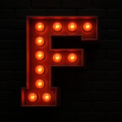 Glowing Illuminated Rusty Metal Letter F Sign on Brick Wall