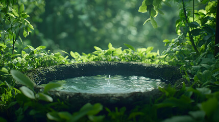 Naklejka premium Tranquil Forest Water Splash In Stone Basin