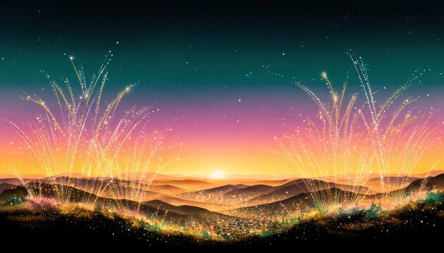 Sunrise fireworks over hills - Powered by Adobe