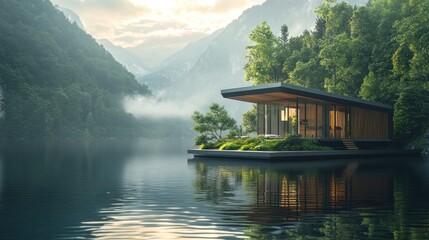 Fototapeta premium Serene Lakeside Modern Home nestled in Misty Mountain Valley