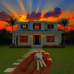 House keys held at sunset