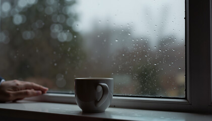 Hand resting on windowsill with coffee cup during rainy day