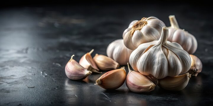 Fragrant cloves of garlic sit atop a somber black surface