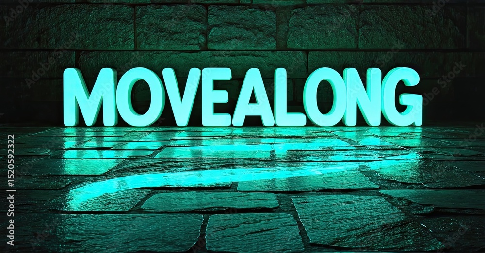 Poster bright neon text reads movealong reflecting on tiled floor. dark background creates dramatic lightin