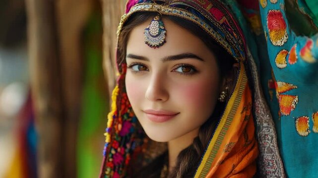 Potrait of a Young Woman in Traditional Ethnic Dress Head Scarf and Jewelry With Soft Lighting on Colorful Backgrounds