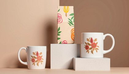 Floral patterned mugs and a carton box on geometric platforms  