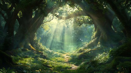Sunlit Path Through Lush Green Forest