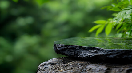 Dark Stone Display Platform In Lush Green Forest