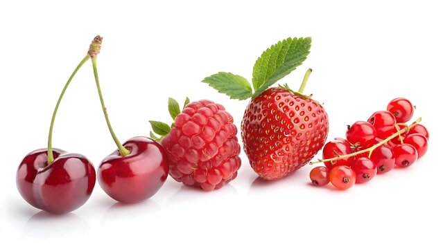 A vibrant assortment of fresh red fruits including cherries, a raspberry, a strawberry, and redcurrants, artfully arranged on a clean white background.