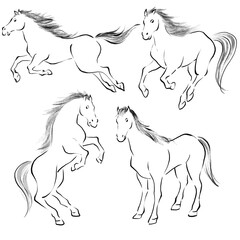 午年　筆で描いた馬のイラストセット　水墨画
