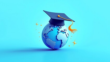 A Concept illustration graduation hat on globe against blue background. Online education, global studies, university learning concepts. Represents international education