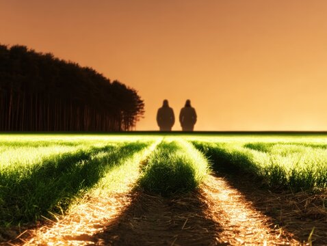 Two figures stand in a field at dawn - Powered by Adobe