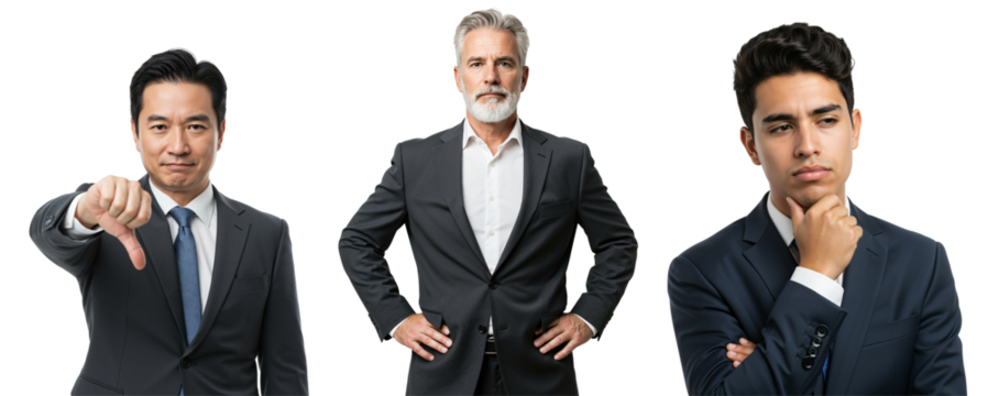 Group of Three Men in Suits Expressing Different Emotions: Confidence, Disapproval, and Contemplation