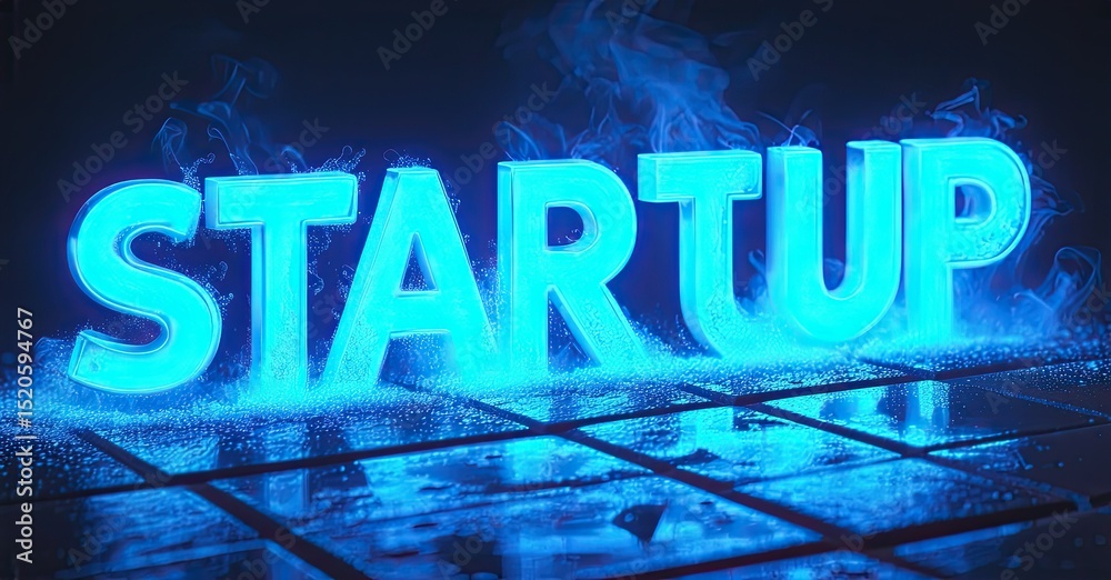 Poster bright neon startup text glows above reflective floor. blue hues dominate image, creating dynamic vi