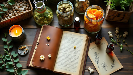 Overhead Shot of Herbal Workspace with Journal Candle and Various Ingredients for Herbal Remedies Preparation