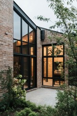 Modern exterior of a brick house with large windows and a cozy garden, showcasing contemporary architecture in an urban setting during early evening