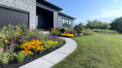 Colorful Summer Garden Landscaping Infront Of Modern Home