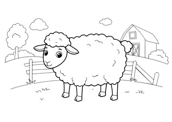 sheep cartoon outline for coloring page, vector line art illustration, white background
