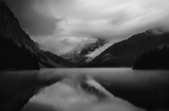  A black and white photograph of Lake Louise in the Canadian mountains, with foggy clouds overhead, forest trees along the mountainside, and a reflection on the lake water. 