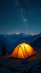 Tent glowing from inside on a mountain ridge under star-filled sky. Chilly night, solitude and silence surround high-altitude campsite. Vast view, distant constellations.