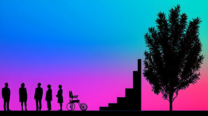 Silhouette People Progress Steps Tree Gradient Background