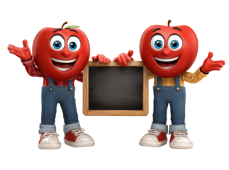 Two cheerful apple characters holding a blank chalkboard, On Transparent Background, Png
