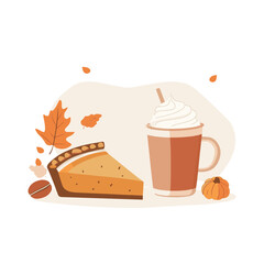 Thanksgiving Day pumpkin pie slice with cream and autumn leaves