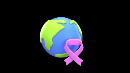 Earth with pink ribbon cancer awareness around the globe symbolizes global unity in the fight against cancer with alpha channel - Powered by Adobe