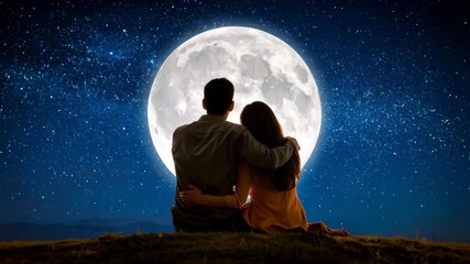 Romantic couple embracing while watching full moon and stars on peaceful night on grassy hill in nature setting under a dark blue starry sky - Powered by Adobe
