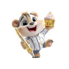 Cheerful Chipmunk Artist with Golden Pen and Cupcake