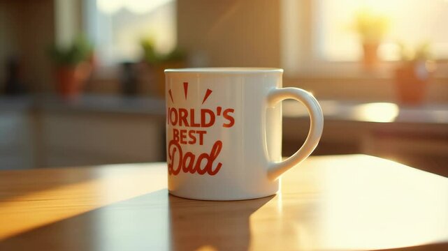 Coffee mug with world's best dad print on wooden table in sunlight  