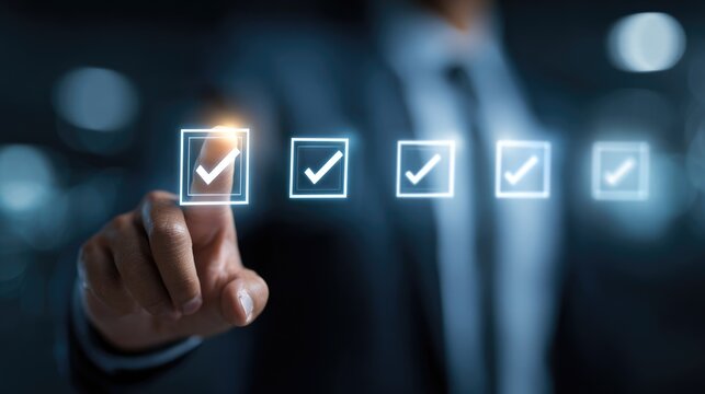 Checklist Success: A focused hand selects a checked box on a digital checklist. A metaphor for achieving goals, success, and the pursuit of excellence in a streamlined process.