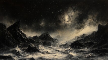 Dark Night Seascape with Rocky Coast and Starry Sky