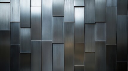 Close up of a metallic wall with rectangular panels in varying sizes and a brushed metal texture