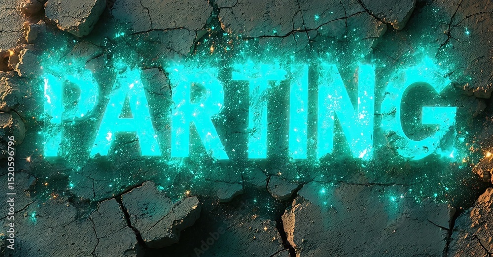 Aufkleber glowing text parting emerges from cracked stone surface. dramatic lighting, dark background creates 
