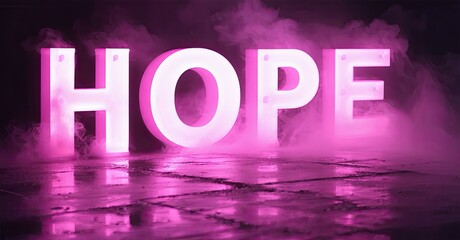 Bright pink HOPE lettering stands out against dark background. Smoke effects add dramatic visual impact. Reflective floor enhances glow.
