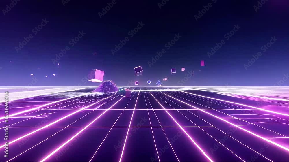 Poster neon grid landscape: floating cubes and synthwave scenery