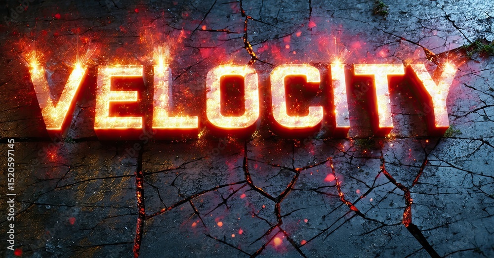 Poster dramatic text reads velocity over cracked ground. fiery glow emanates from lettering, creating inten
