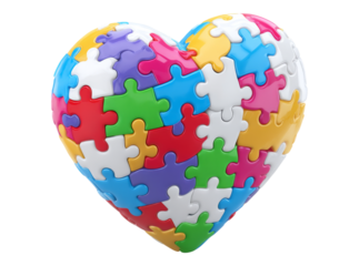 Colorful puzzle pieces forming a heart shape, On Transparent Background, Png