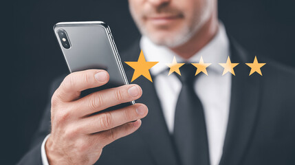 Man giving five-star customer service feedback on smartphone with smiley icons.