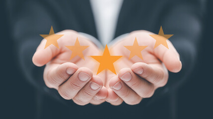 Hand holding five-star customer satisfaction, excellent service.
