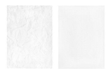 Two sheet white paper, one sheet is wrinkled, the other sheet is smooth  isolated on white..