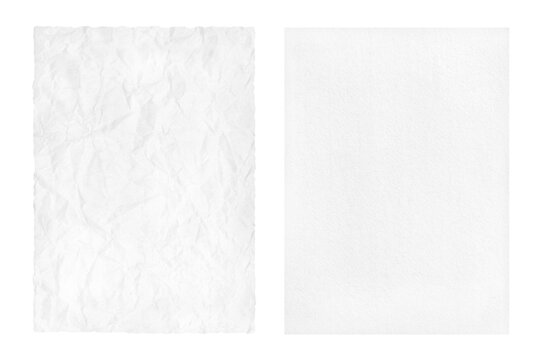 Two sheet white paper, one sheet is wrinkled, the other sheet is smooth  isolated on white..